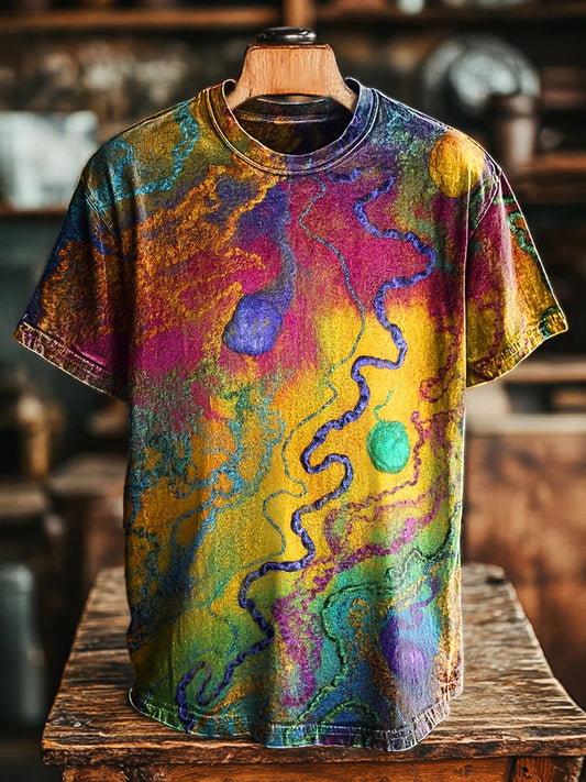 Unisex Vintage Colorful Line Texture Print Casual Loose Tee