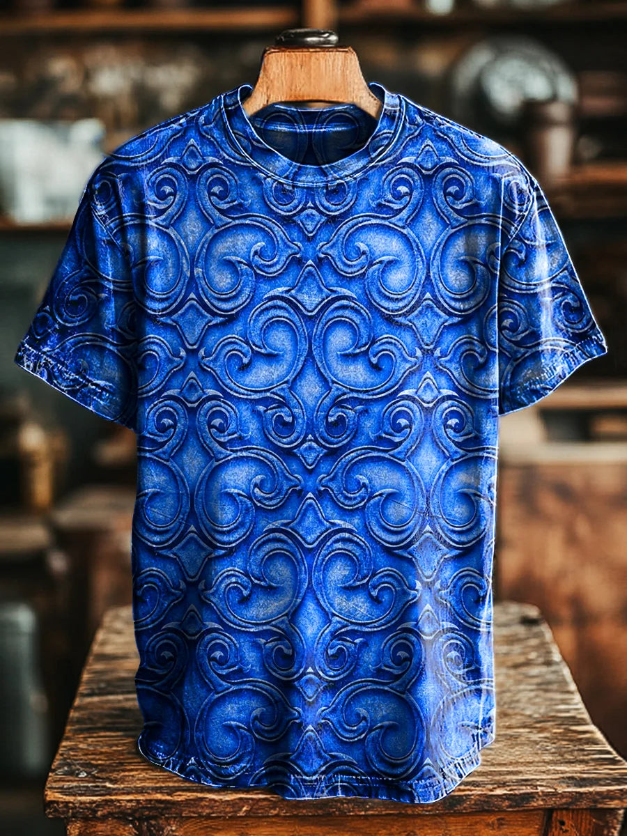 Unisex Vintage Blue Totem Print Casual Loose Tee