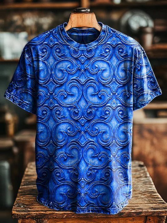 Unisex Vintage Blue Totem Print Casual Loose Tee
