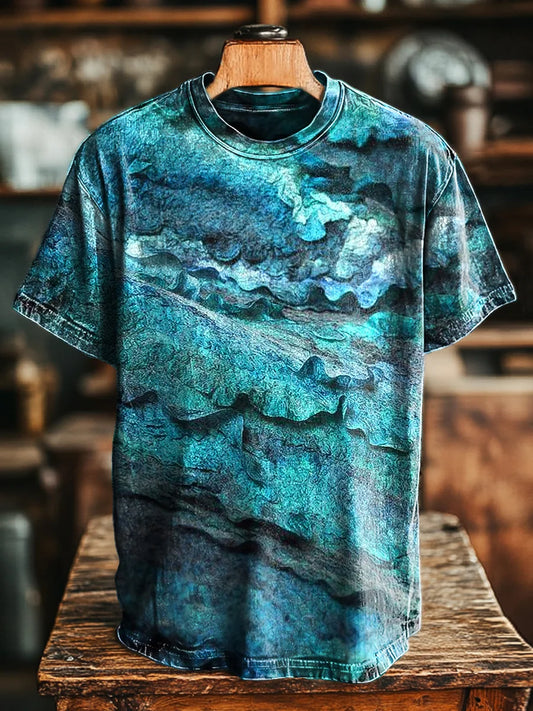 Unisex Vintage Blue Textured Print Casual Loose Tee