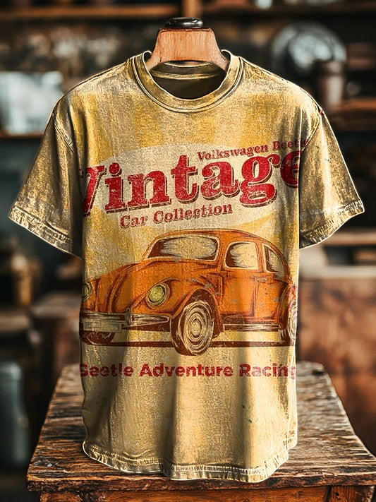 Unisex Retro Aged Car Print Casual Loose Tee