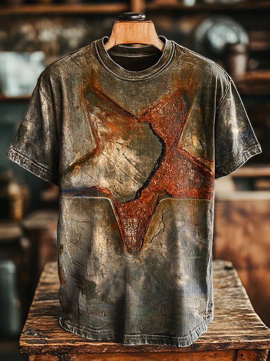 Unisex Vintage Rusty Pentagram Print Casual Loose Tee