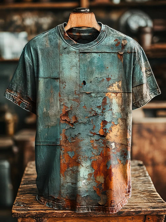 Unisex Vintage Aged Metal Rust Print Casual Loose Tee