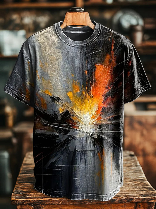 Unisex Vintage Abstract Pigment Swoosh Printed Casual Loose Tee
