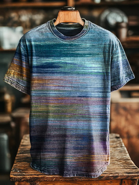 Unisex Vintage Abstract Gradient Stripe Printed Casual Loose Tee
