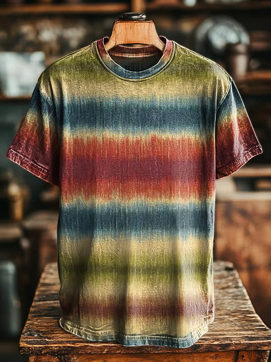 Unisex Vintage Abstract Multicolor Stripe Print Casual Loose Tee
