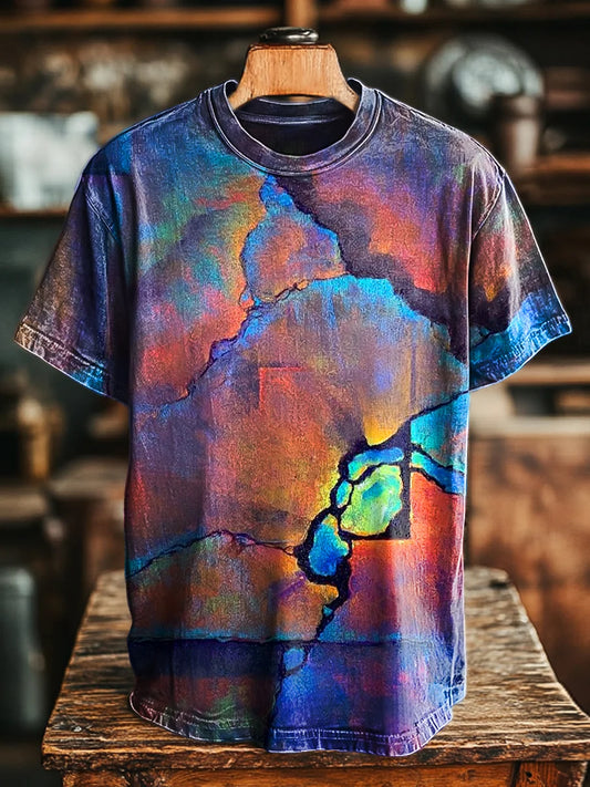 Unisex Vintage Neon Crackle Print Casual Loose Tee