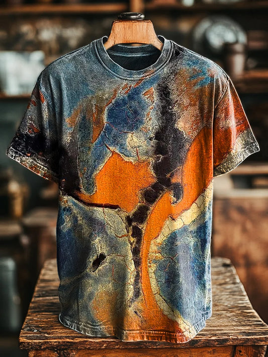 Unisex Vintage Multicolor Crackle Textured Print Casual Loose Tee