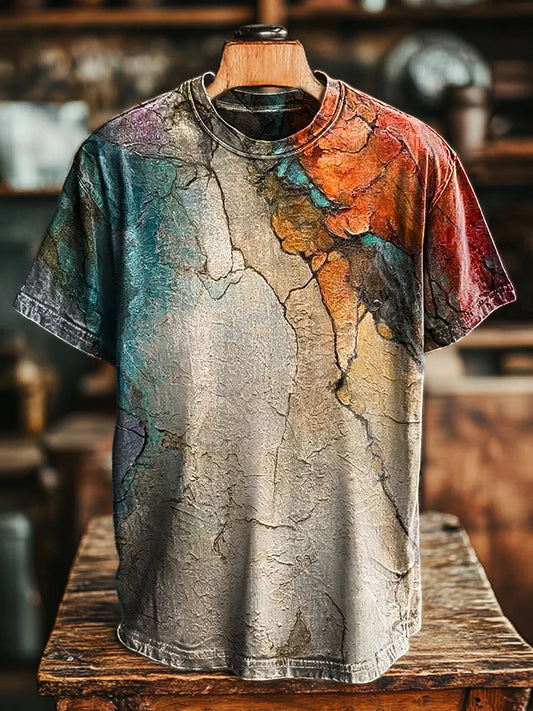 Unisex Vintage Colorful Old Crackle Printed Casual Loose Tee