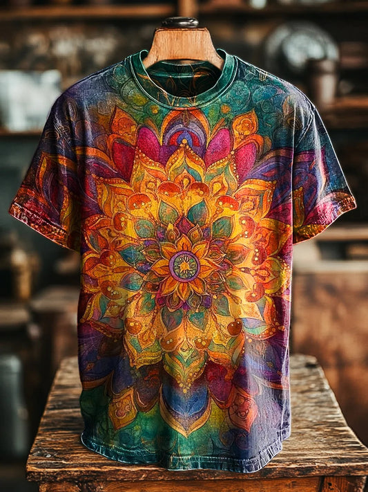 Unisex Vintage Colorful Mandala Print Loose Tee