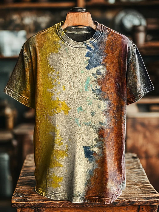 Unisex Vintage Color Swoosh Texture Print Casual Loose Tee