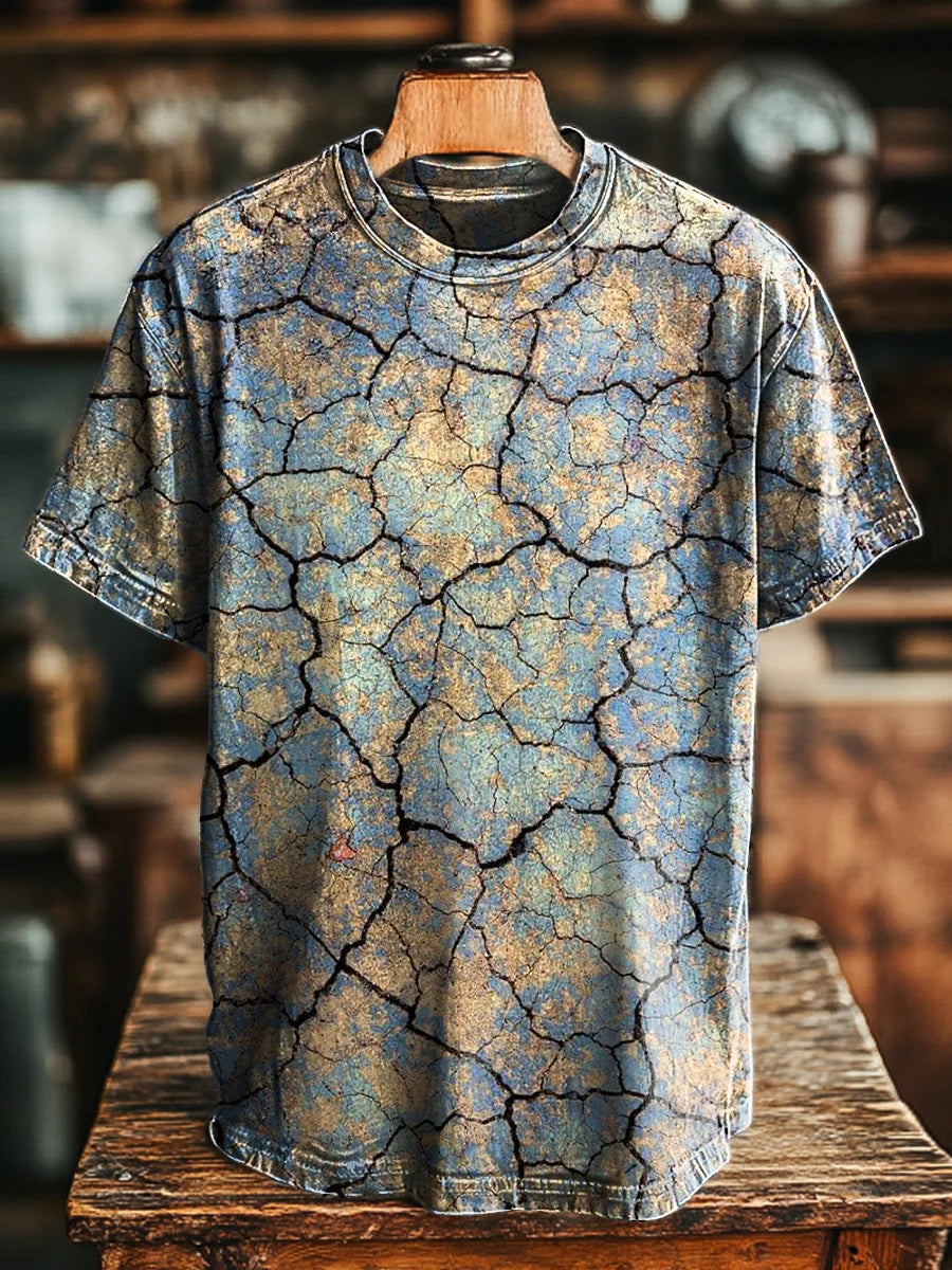 Unisex Vintage Abstract Crackle Swoosh Printed Casual Loose Tee