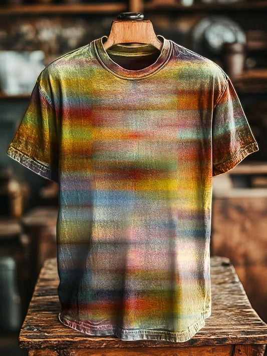 Unisex Vintage Abstract Colorful Stripe Printed Casual Loose Tee