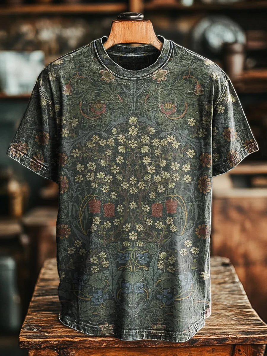 Unisex Vintage Aged Symmetrical Floral Print Casual Loose Tee