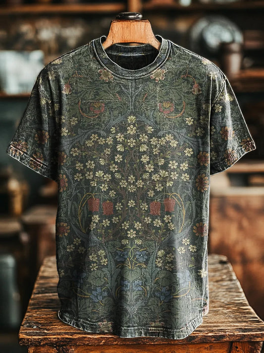 Unisex Vintage Aged Symmetrical Floral Print Casual Loose Tee