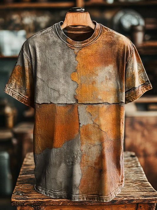 Unisex Retro Nostalgic Geometric Crackle Print Casual Loose Tee