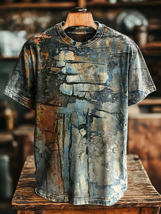 Unisex Vintage Nostalgia Wall Crackle Print Casual Loose Tee