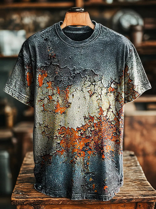 Unisex Vintage Paint Crackle Print Casual Loose Tee