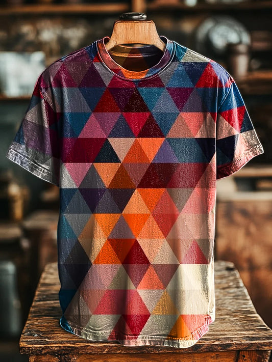 Unisex Vintage Colorful Geometric Art Print Casual Loose Tee