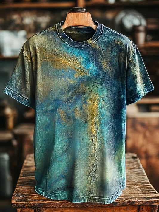Unisex Vintage Abstract Blue Swoosh Print Casual Loose Tee