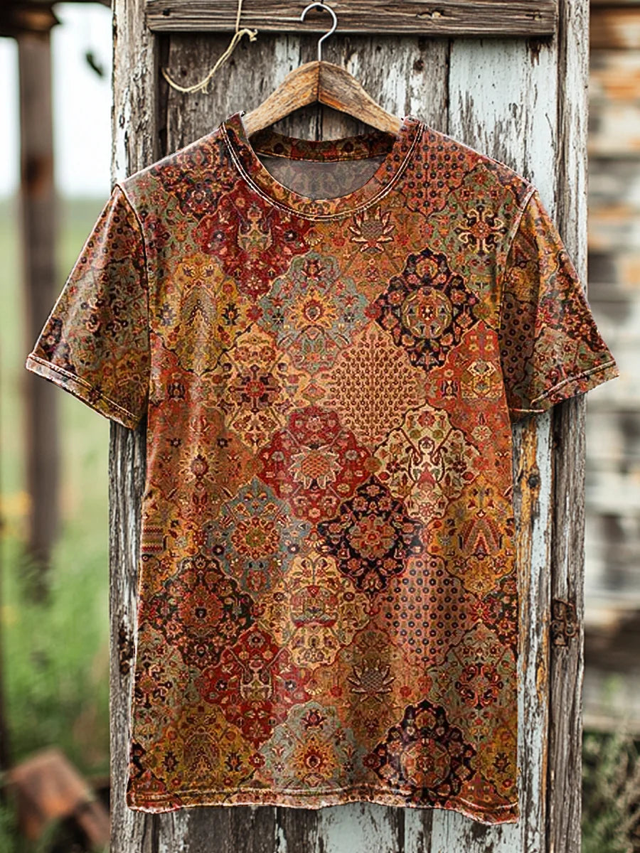 Unisex Vintage Ethnic Geometric Floral Print Casual Tee
