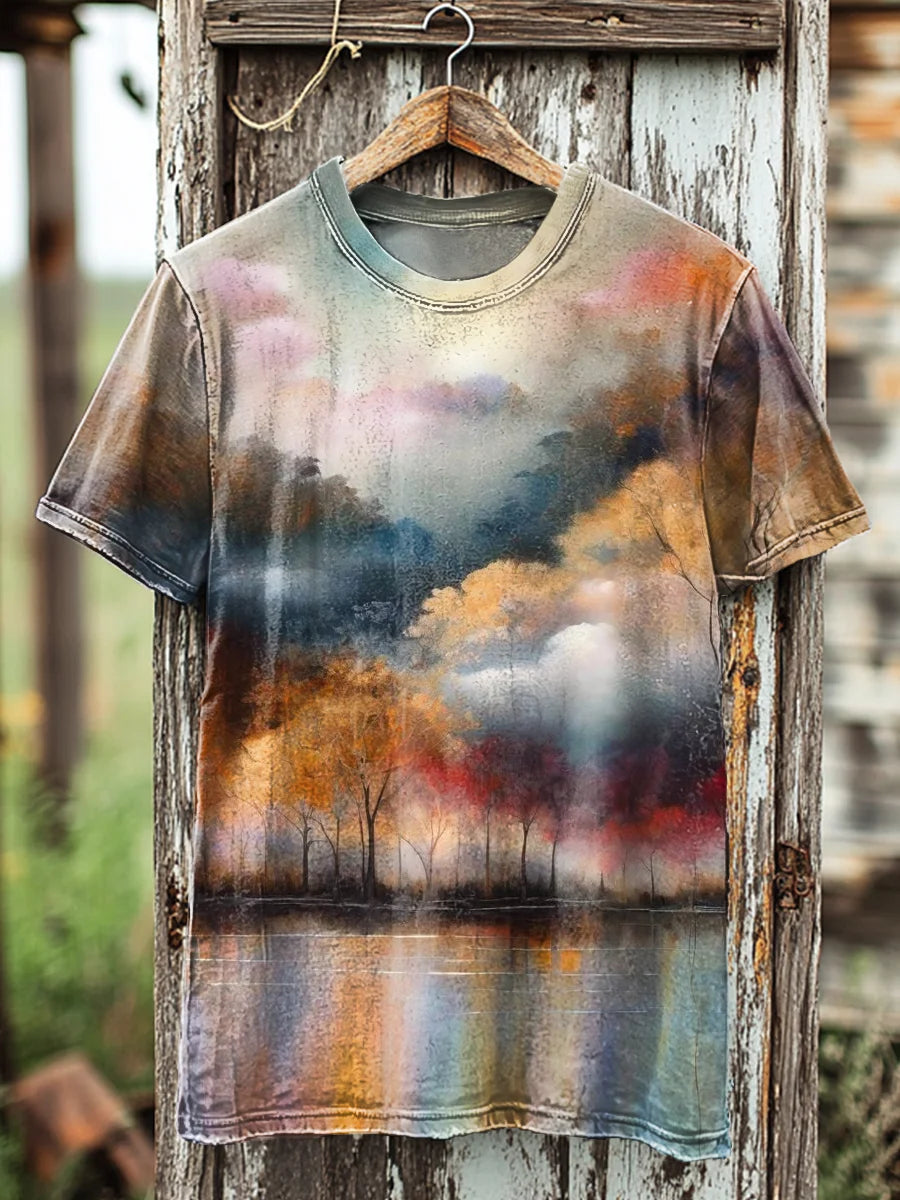 Unisex Vintage Abstract Forest Landscape  Print Casual Tee