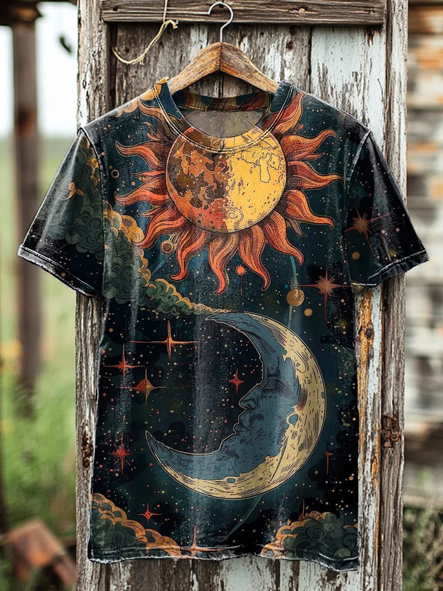 Unisex Vintage Mystery Star And Moon Print Casual Tee