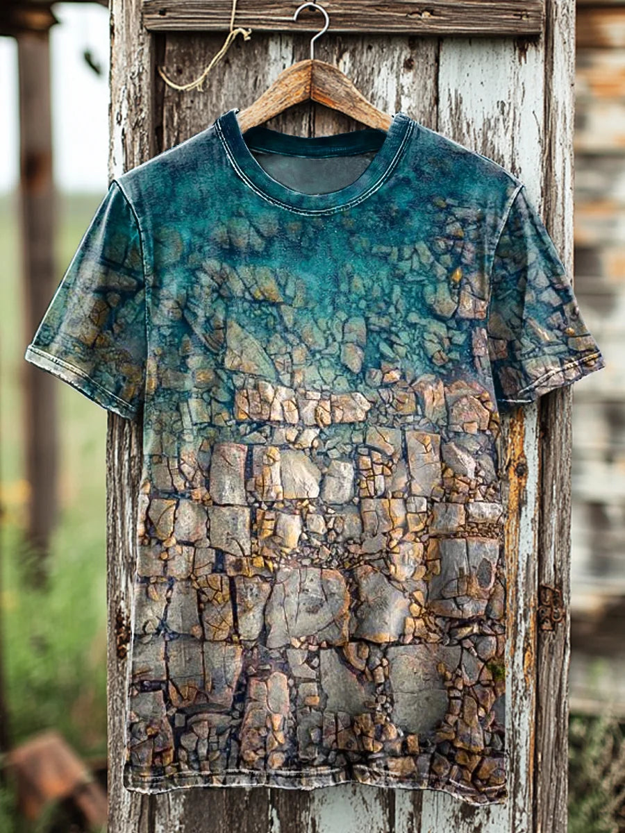 Unisex Vintage Gradient Blue Stone Textured Print Casual Tee