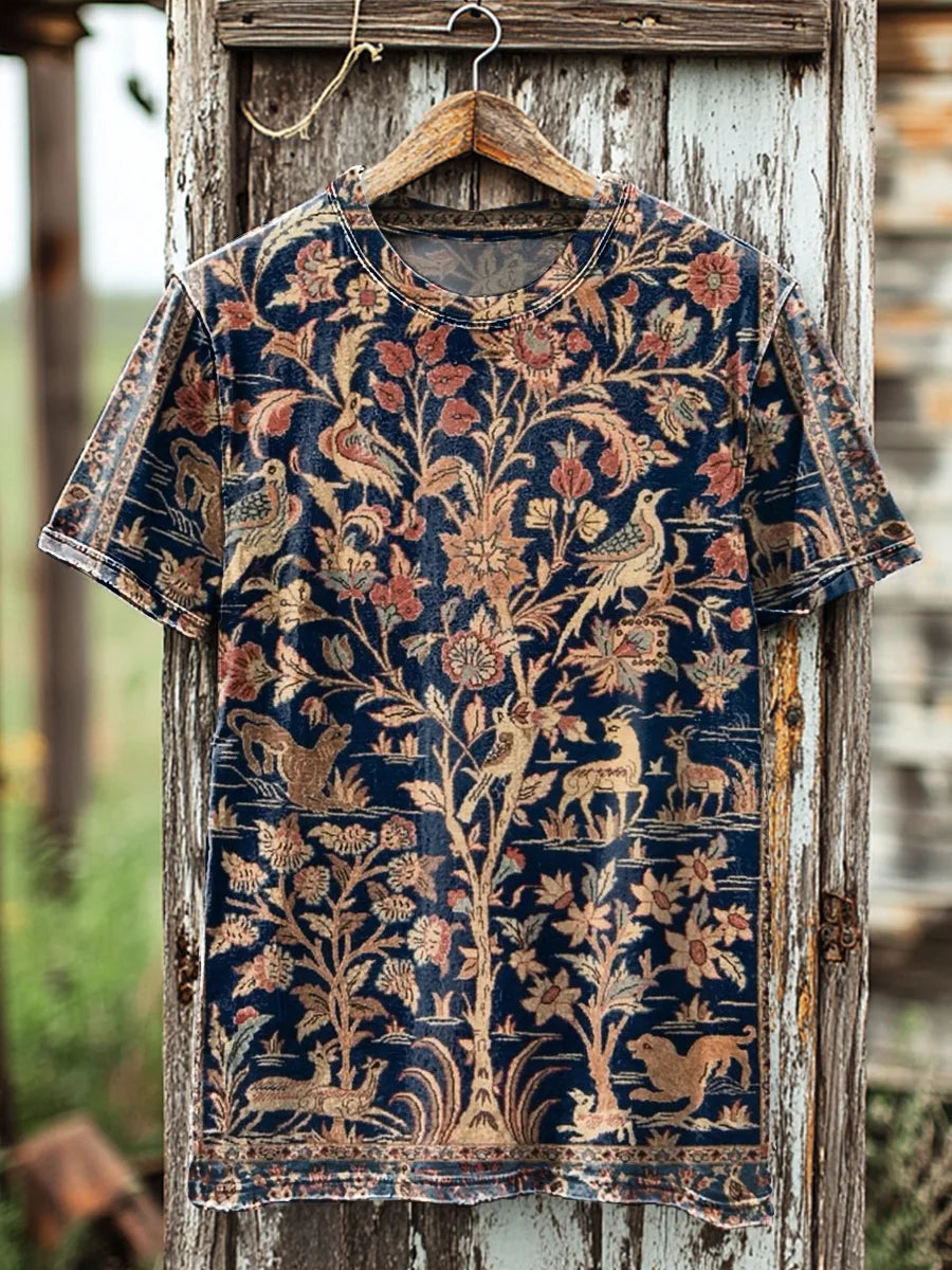 Unisex Vintage Ethnic Floral Bird Art Print Casual Tee