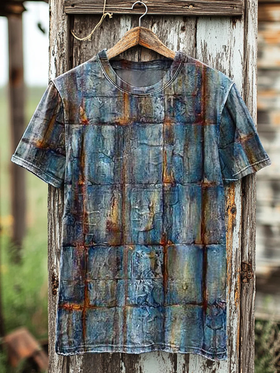 Unisex Vintage Aged Blue Geometric Print Casual Tee