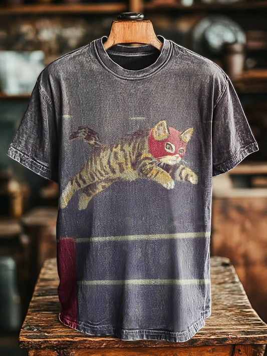 Unisex Fun High Jump Cat Print Casual Tee