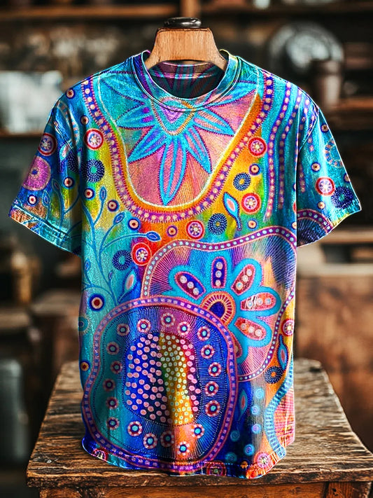 Unisex Vintage Abstract Colorful Botanical Art Print Casual Tee