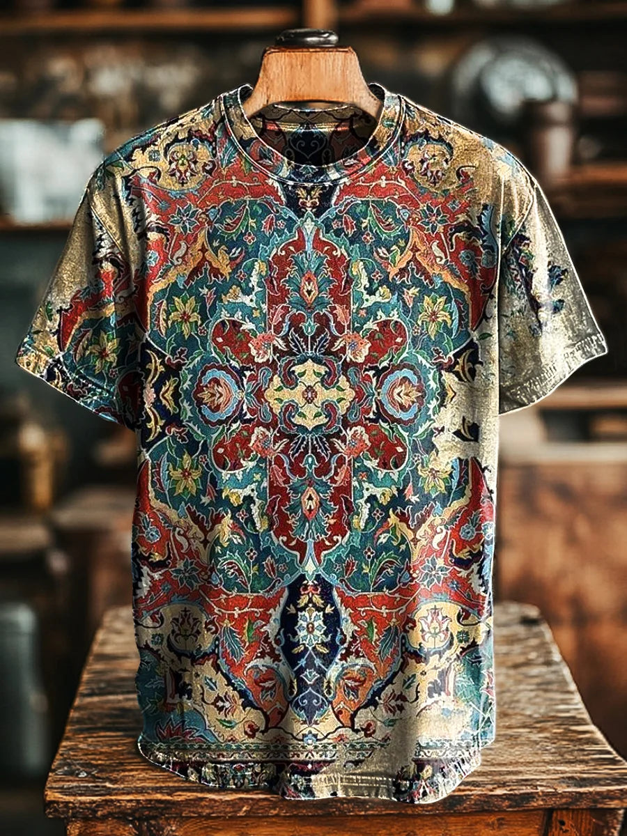 Unisex Retro Abstract Ethnic Floral Print Casual Loose Tee