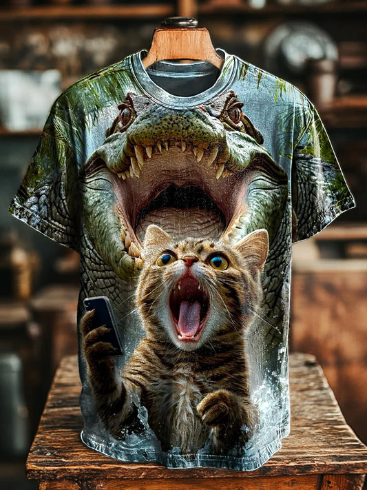 Unisex Fun Screaming Cat & Crocodile Print Casual Loose  Tee