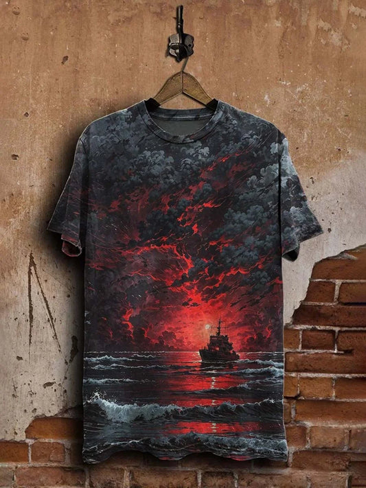 Unisex Red Sun Nautical Print Casual  Tee