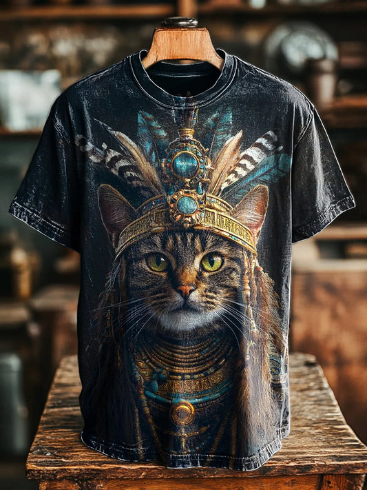 Unisex Vintage Tribal Cat Print Casual Loose Tee