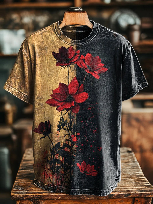 Unisex Vintage Rose Print Casual Loose  Tee