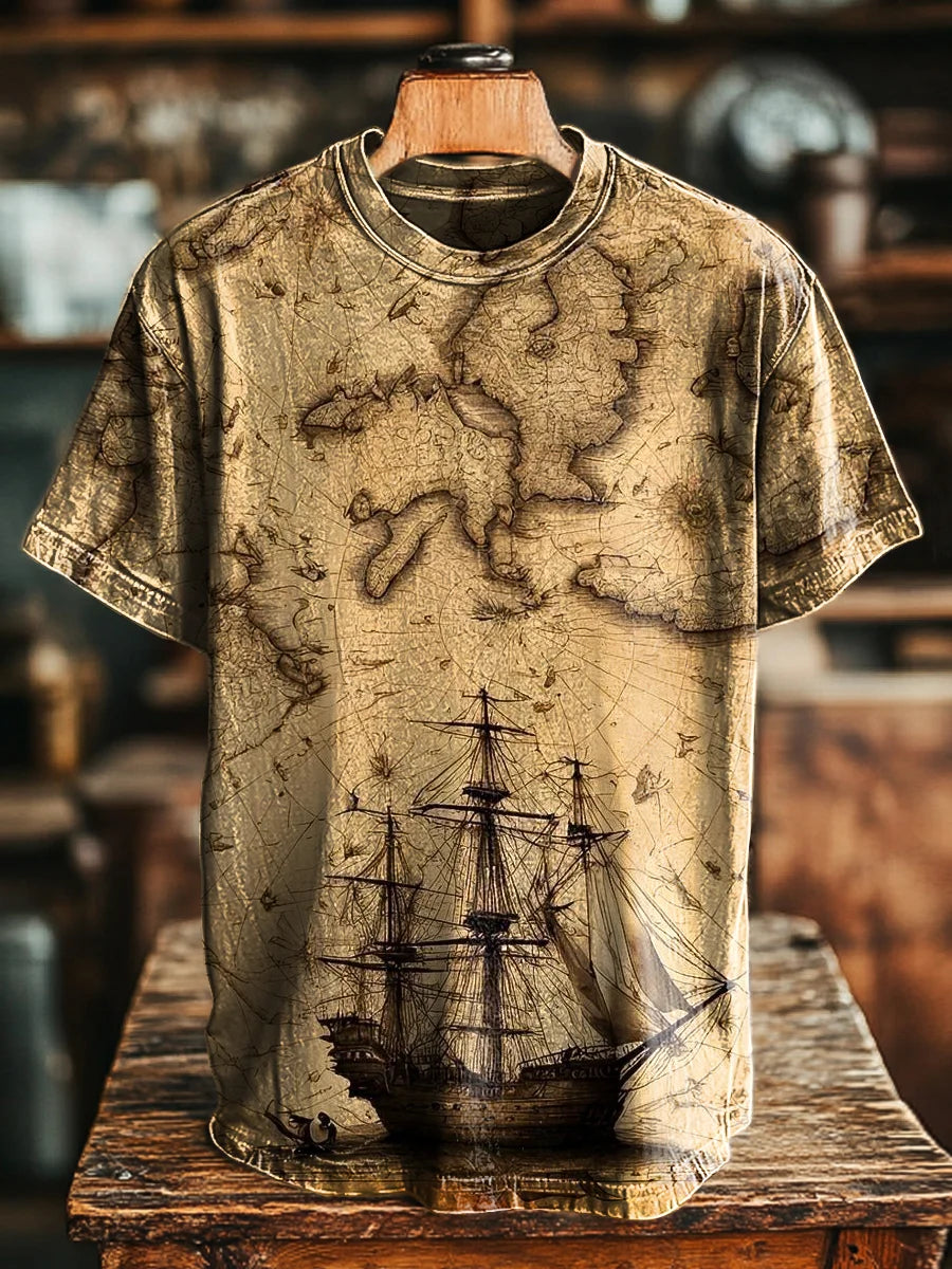 Unisex Vintage Nautical Map Sailboat Print Casual Loose Tee