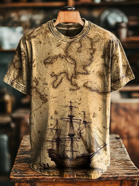 Unisex Vintage Nautical Map Sailboat Print Casual Loose Tee