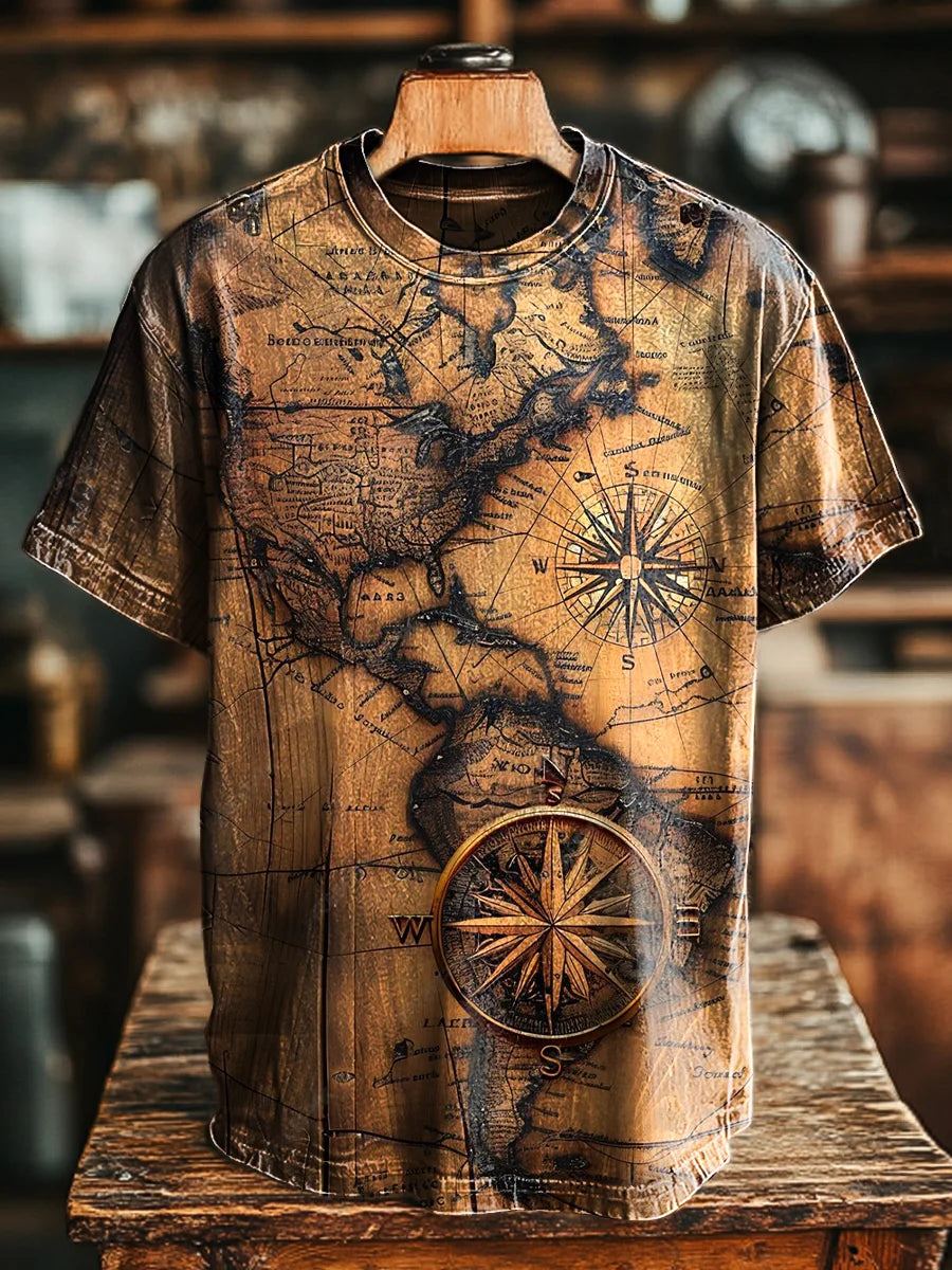 Unisex Vintage Nautical Map Compass Print Casual Loose  Tee
