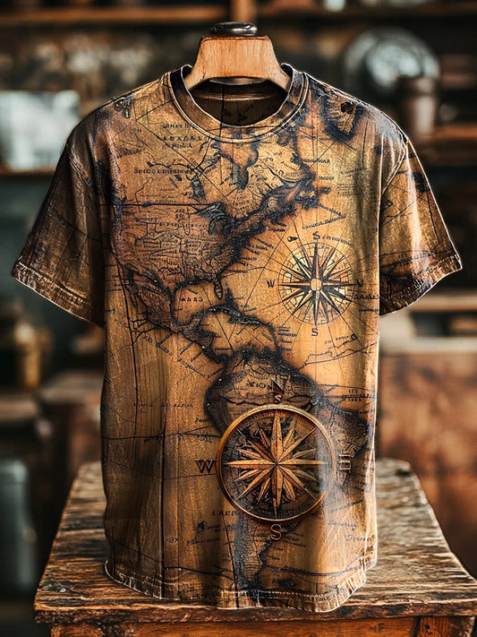 Unisex Vintage Nautical Map Compass Print Casual Loose  Tee