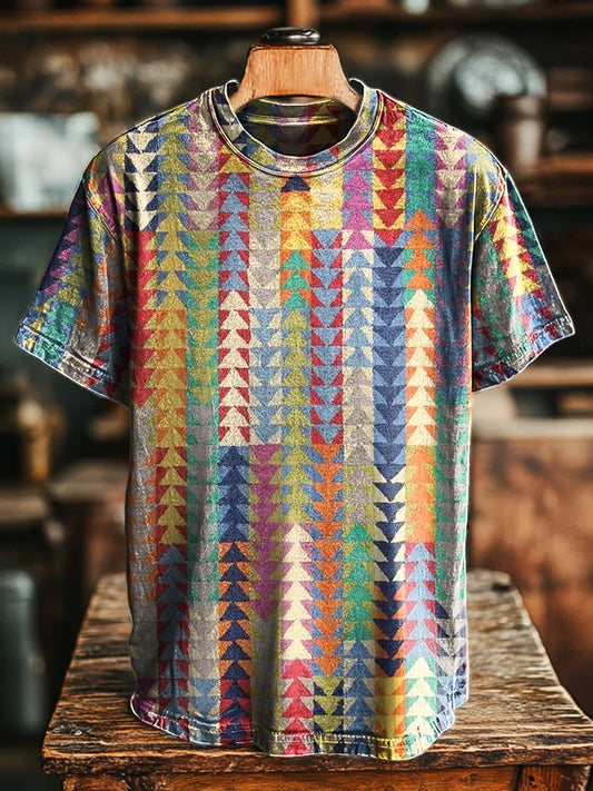 Unisex Vintage Multicolor Geometric Stripe Print Casual Loose Tee