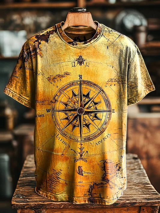 Unisex Vintage Aged Compass Print Casual Loose Tee