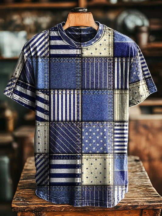 Unisex Retro Geometric Splicing Printed Casual Loose Tee