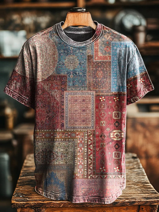 Unisex Retro Ethnic Style Splicing Printed Casual Loose  Tee
