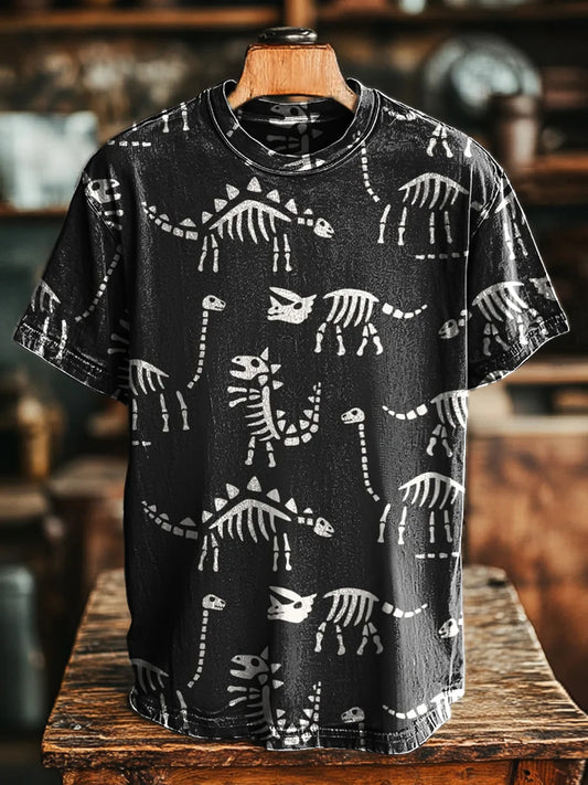 Unisex Retro Dinosaur Bone Print Casual Loose  Tee