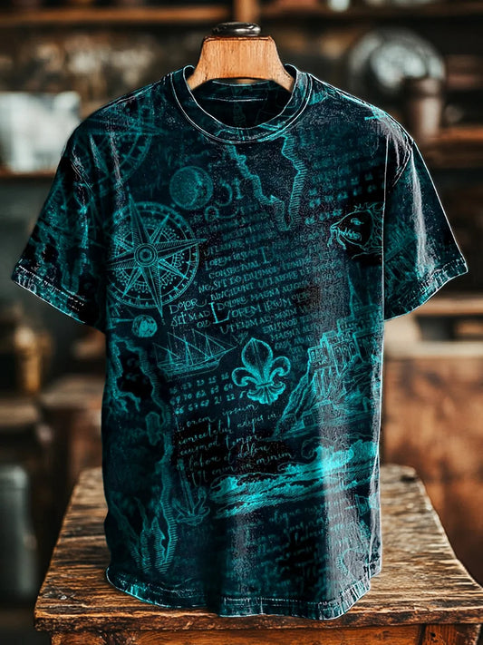 Unisex Retro Compass Print Casual Loose  Tee