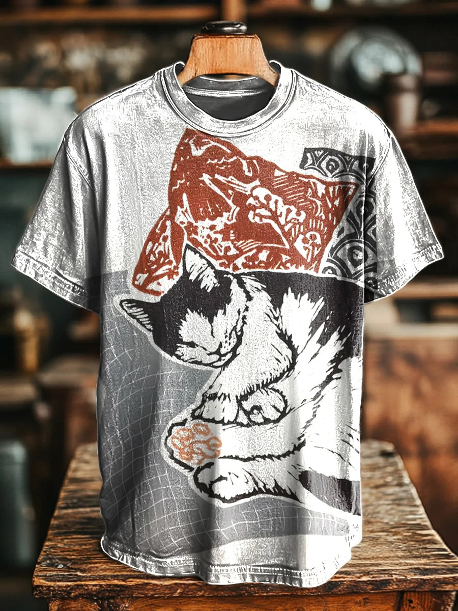Unisex Retro Cat Sleeping Art Print Casual Loose  Tee