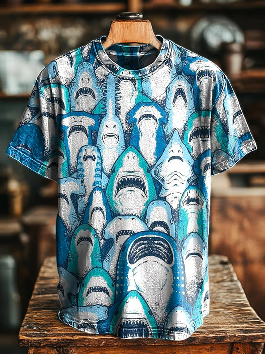 Unisex Retro Shark Painted Printed Casual Loose  Tee