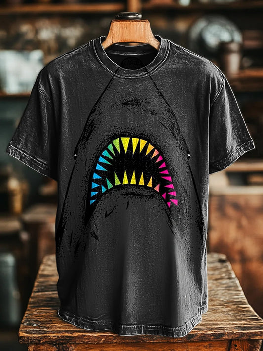 Unisex Fun Shark Teeth Print Casual Loose  Tee
